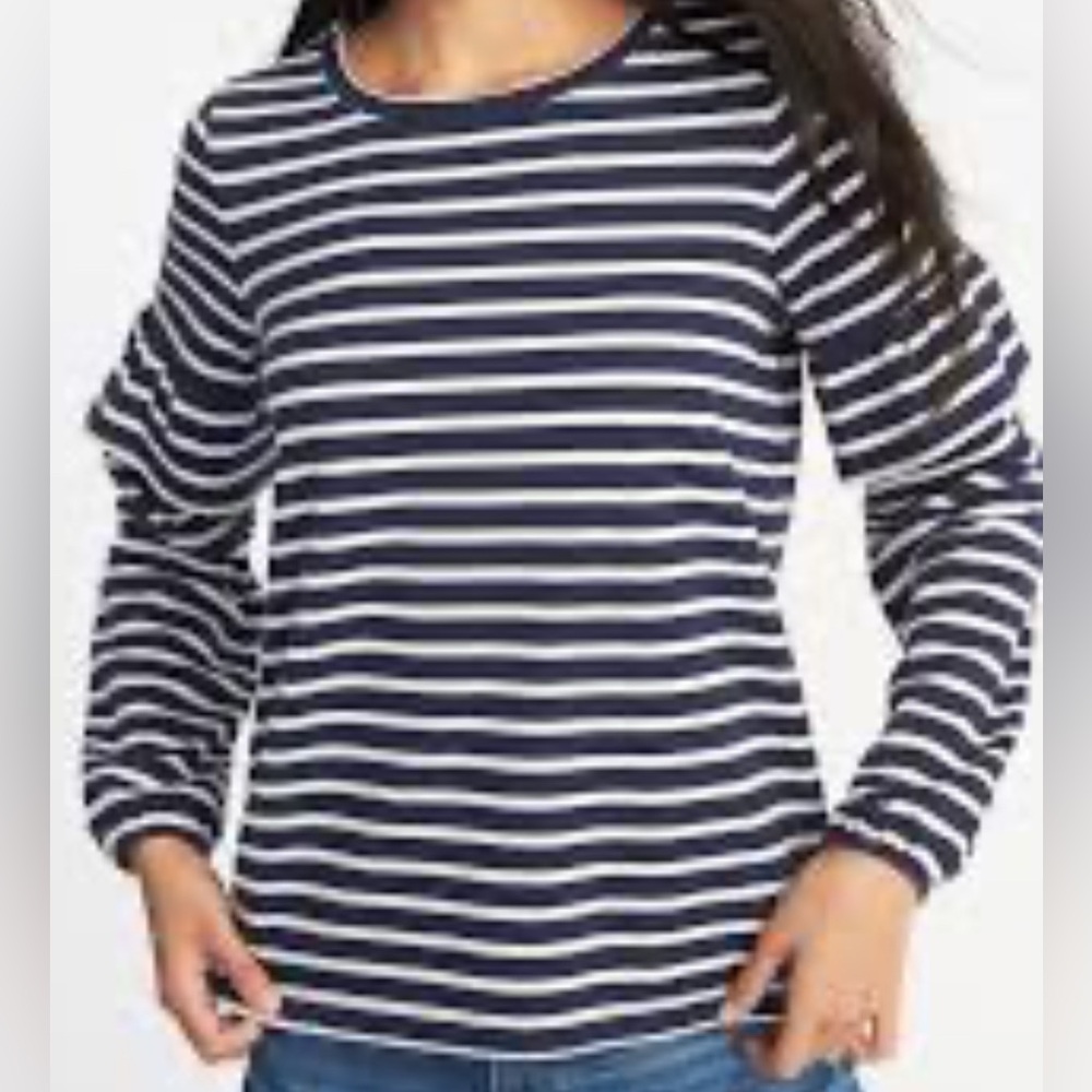 OLD NAVY size SMALL, navy and white, ruffe-sleeve sweatshirt.